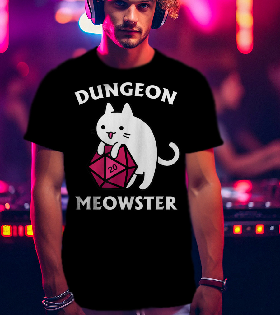 Dungeon Meowster Cat Hugging D20 Dice For Funny DnD Tabletop Gamer T-Shirt