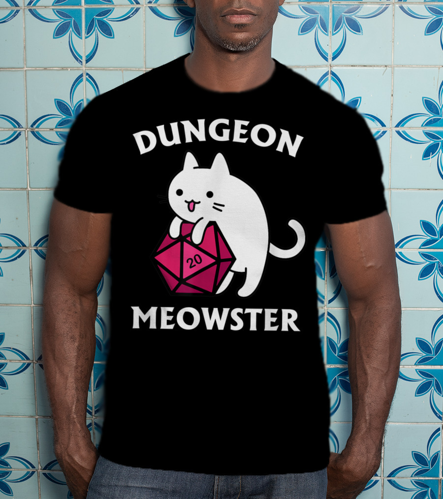 Dungeon Meowster Cat Hugging D20 Dice For Funny DnD Tabletop Gamer T-Shirt