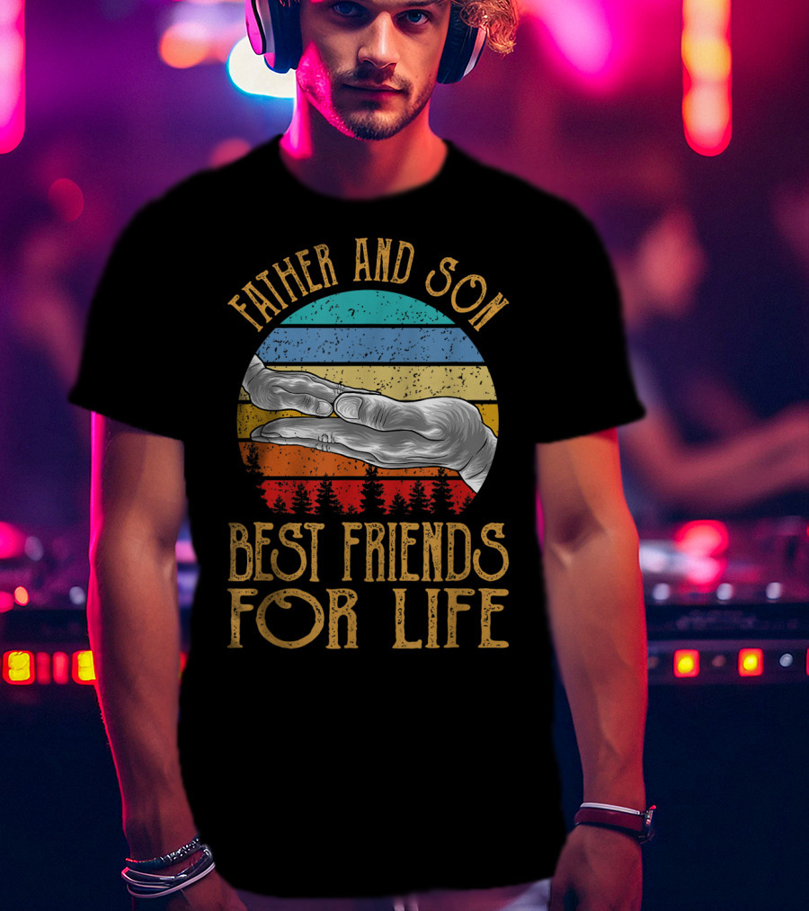 Father And Son Best Friends For Life Vintage Hands Retro Stripes T-Shirt