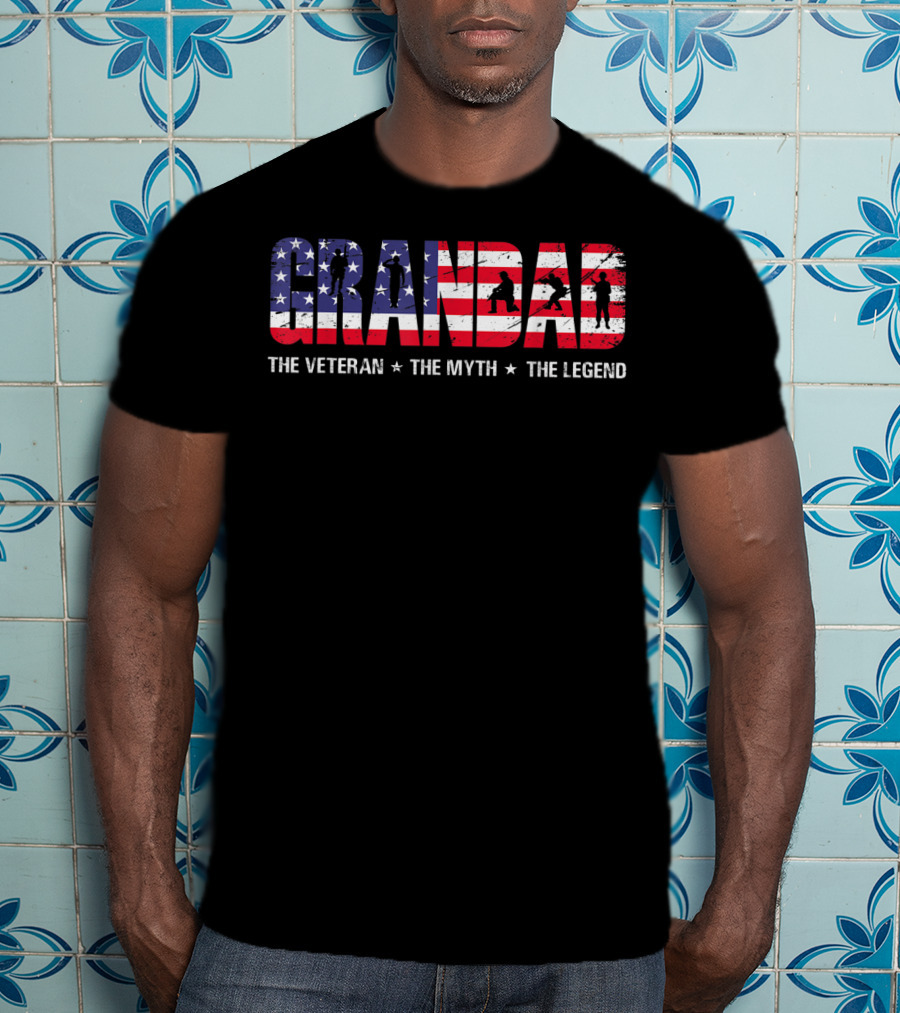 Fathers Day Grandad The Veteran The Myth The Legend Patriotic American Flag T-Shirt