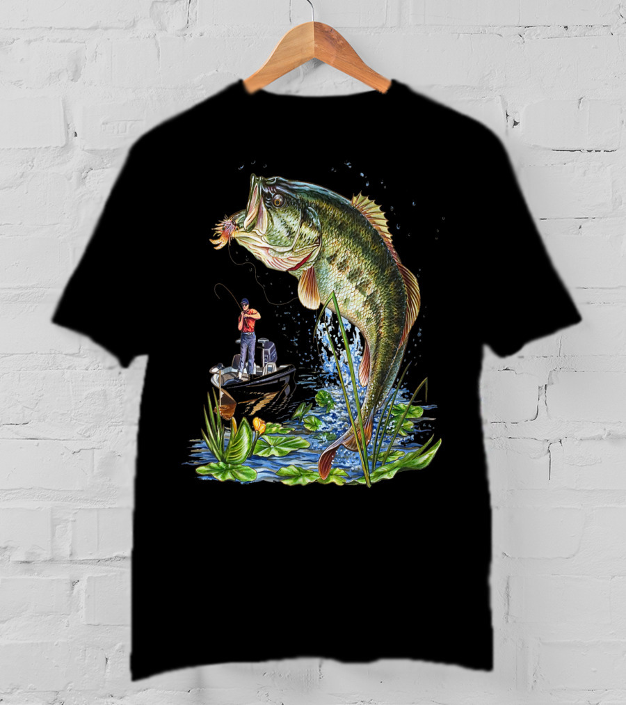 Fishing Large Mouth Bass Catching Scene With Angler And Boat T-Shirt
