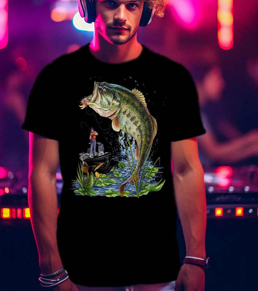 Fishing Large Mouth Bass Catching Scene With Angler And Boat T-Shirt