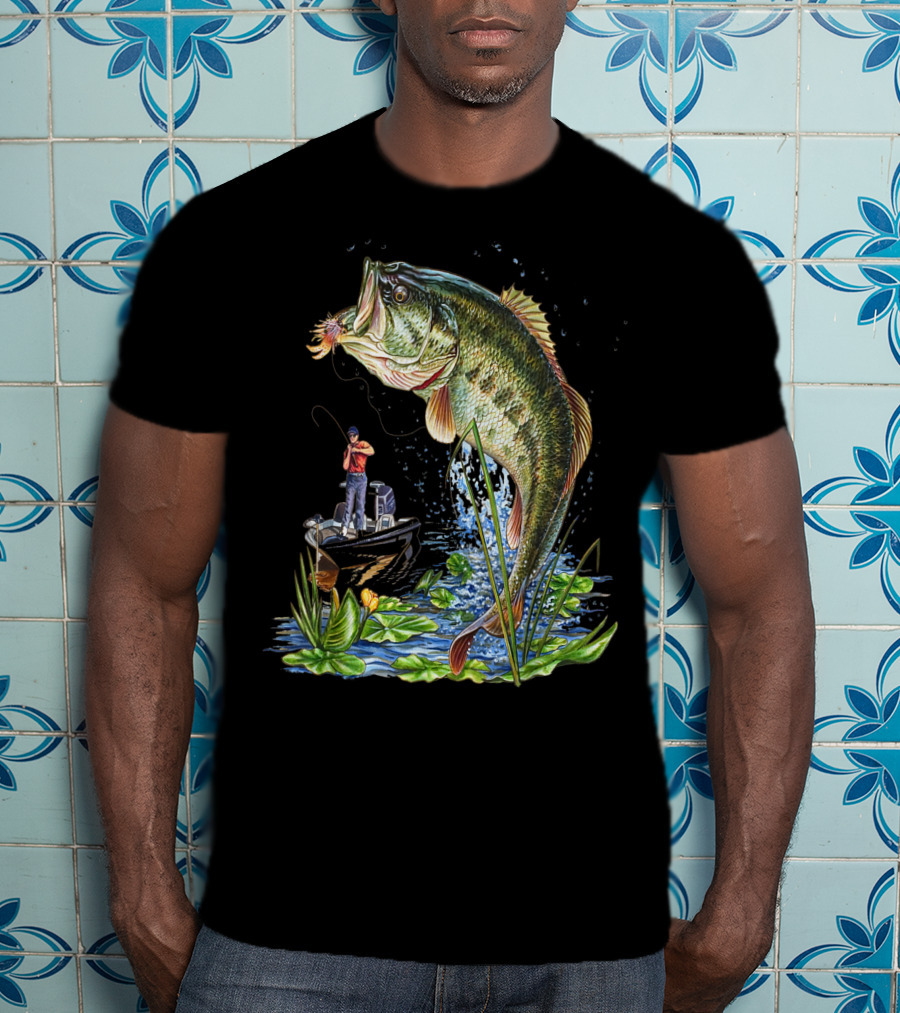 Fishing Large Mouth Bass Catching Scene With Angler And Boat T-Shirt