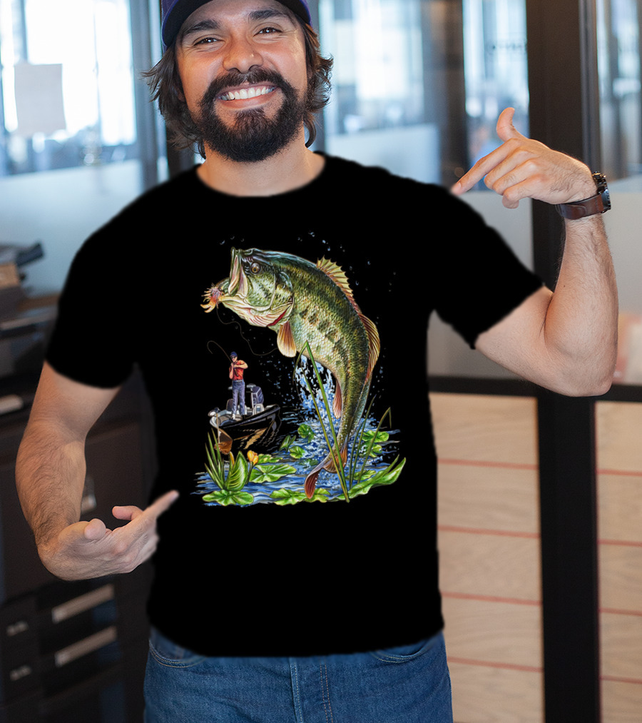 Fishing Large Mouth Bass Catching Scene With Angler And Boat T-Shirt