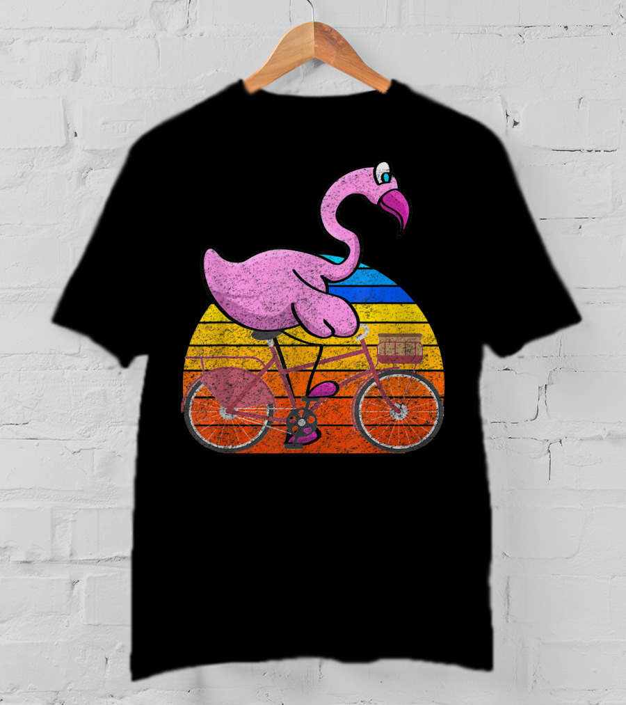 Flamingo Riding Bicycle Funny Retro Sunset T-Shirt