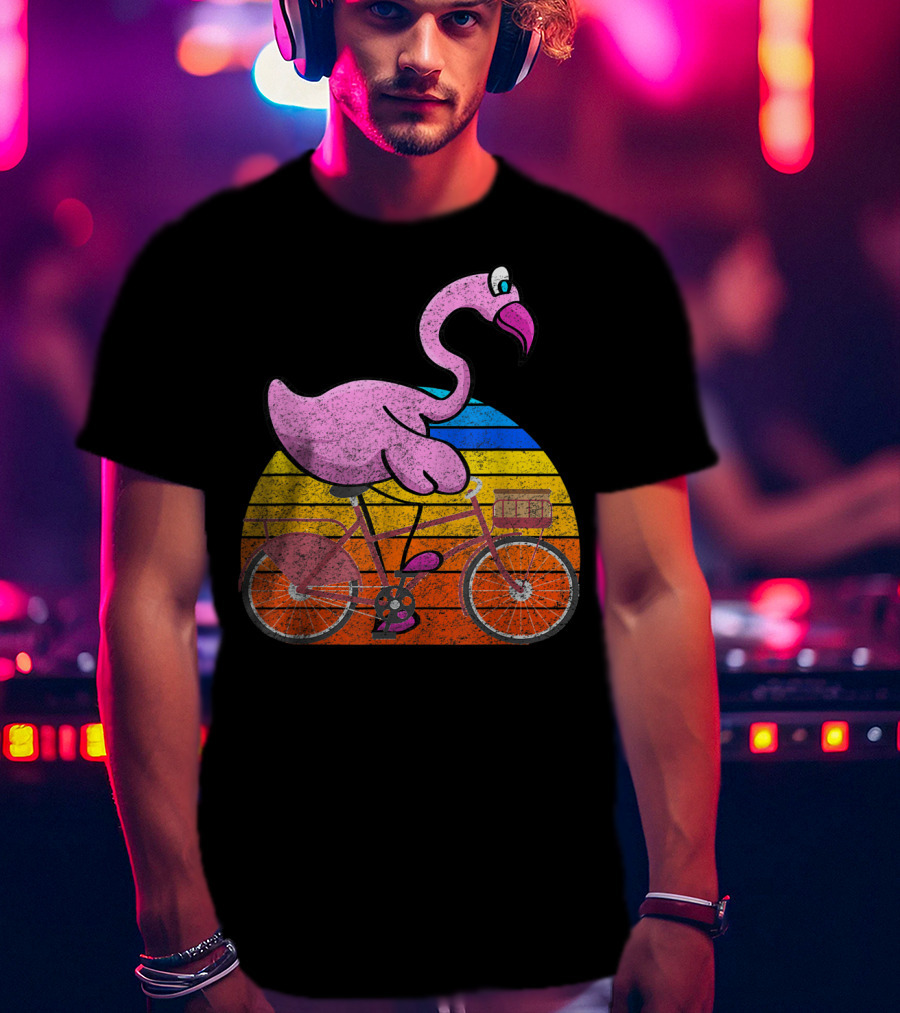 Flamingo Riding Bicycle Funny Retro Sunset T-Shirt