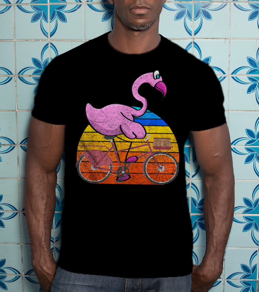 Flamingo Riding Bicycle Funny Retro Sunset T-Shirt