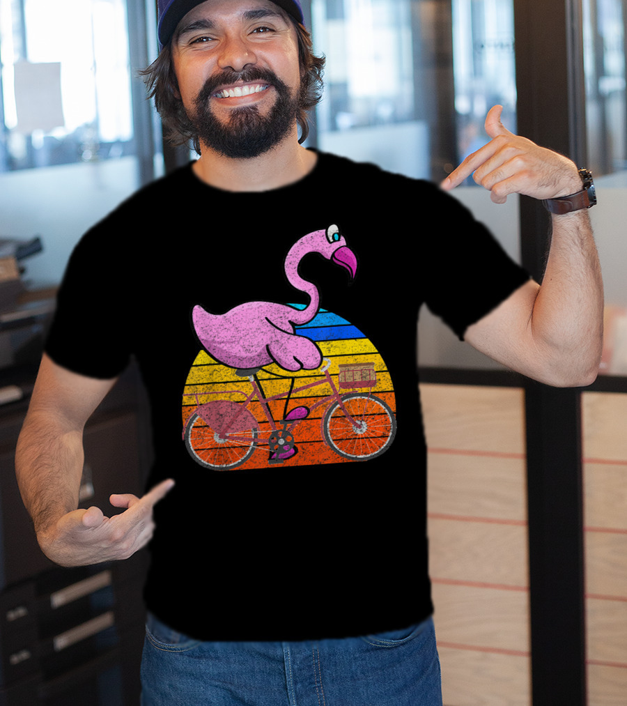 Flamingo Riding Bicycle Funny Retro Sunset T-Shirt