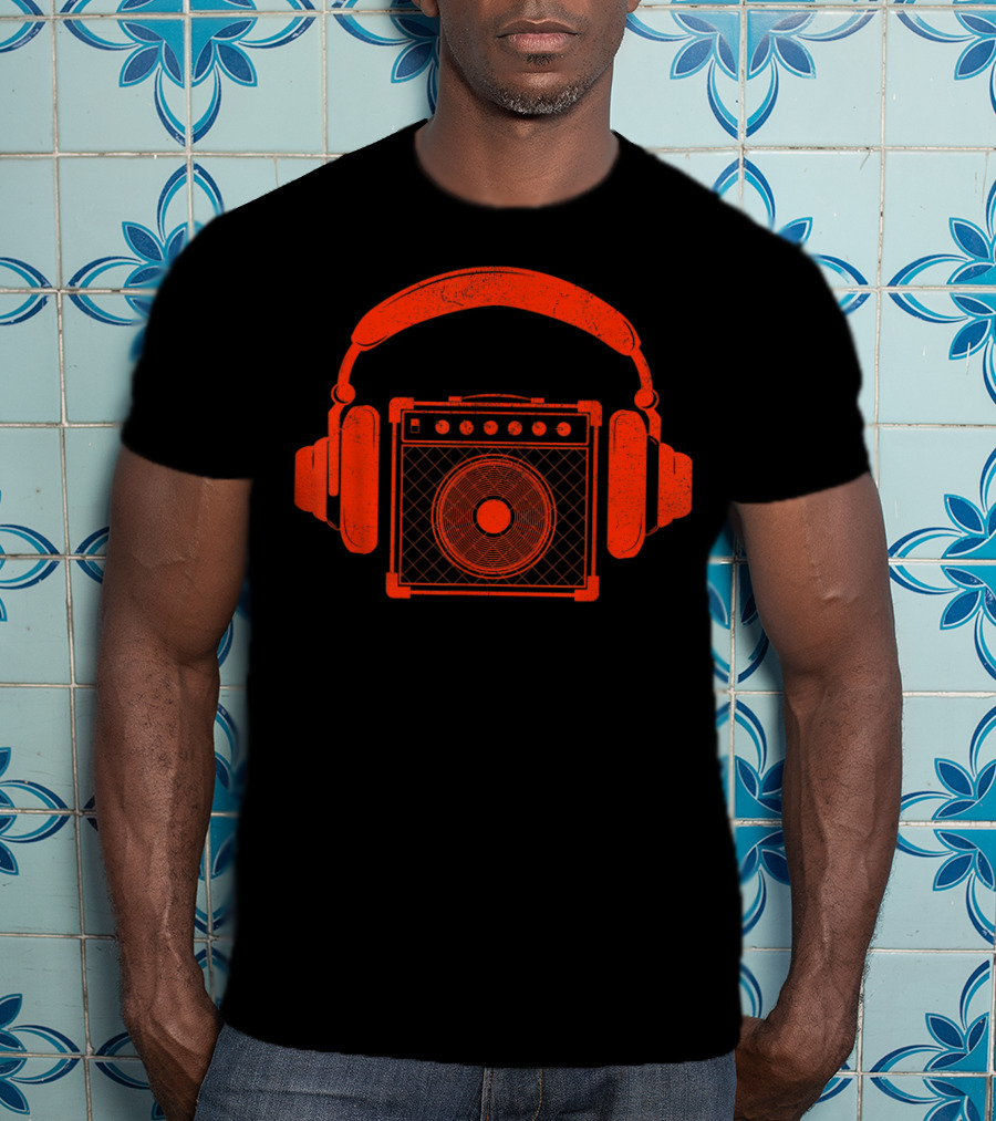 Red Headphones Over Speakerbox Music Lovers Novelty T-Shirt
