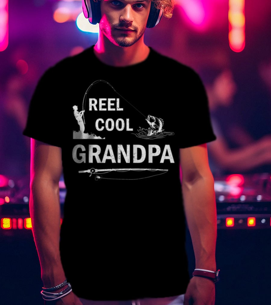 Reel Cool Grandpa Fishing Silhouette With Rod And Fish T-Shirt