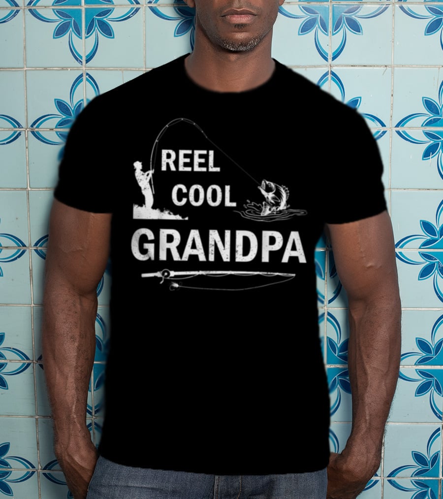 Reel Cool Grandpa Fishing Silhouette With Rod And Fish T-Shirt