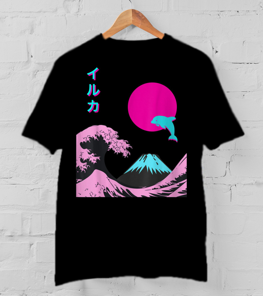 Retro Aesthetic Iruka Dolphin With Japanese Writing And Mount Fuji In Neon Colors T-Shirt