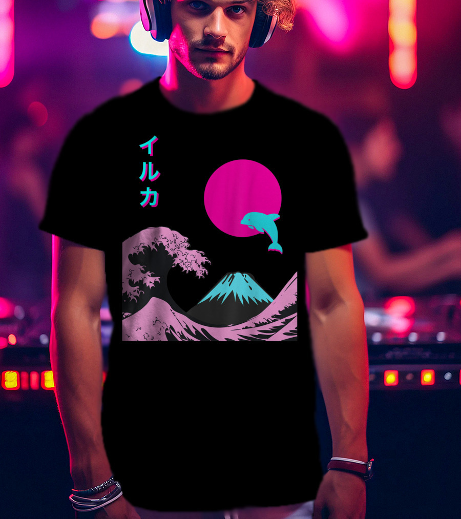 Retro Aesthetic Iruka Dolphin With Japanese Writing And Mount Fuji In Neon Colors T-Shirt