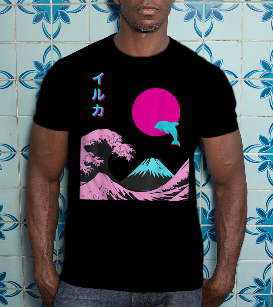 Retro Aesthetic Iruka Dolphin With Japanese Writing And Mount Fuji In Neon Colors T-Shirt