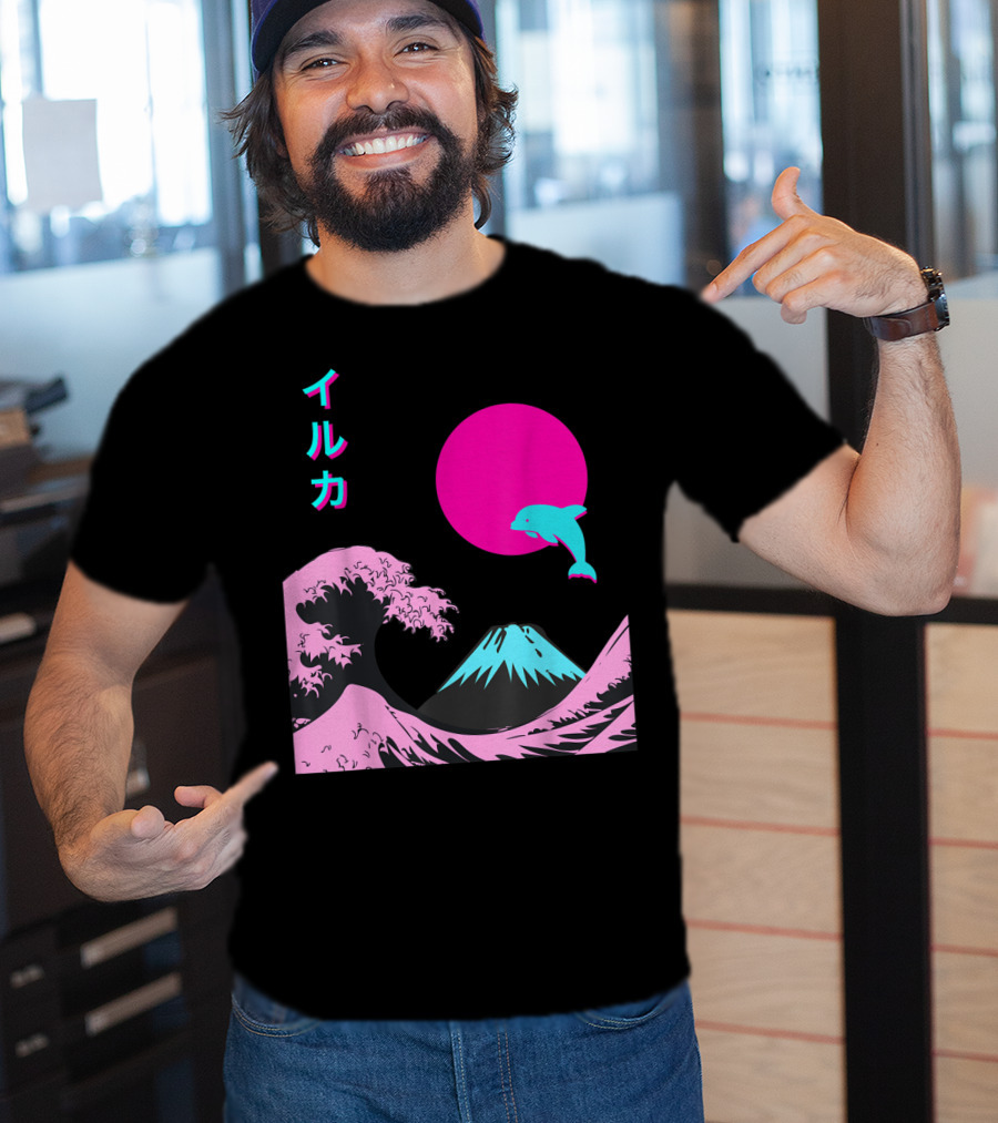 Retro Aesthetic Iruka Dolphin With Japanese Writing And Mount Fuji In Neon Colors T-Shirt