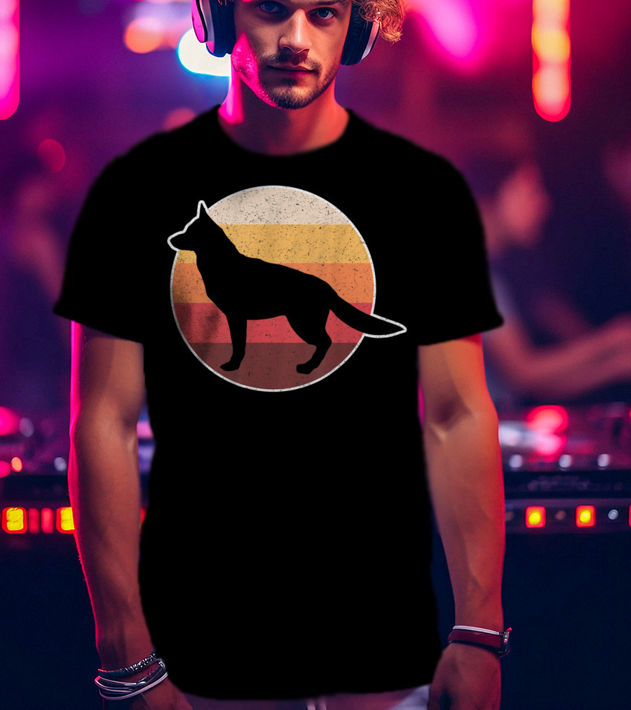 Vintage German Shepherd Silhouette With Retro Sunset Stripes T-Shirt