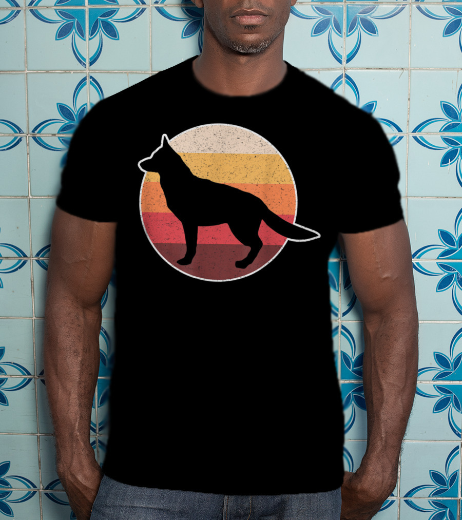 Vintage German Shepherd Silhouette With Retro Sunset Stripes T-Shirt