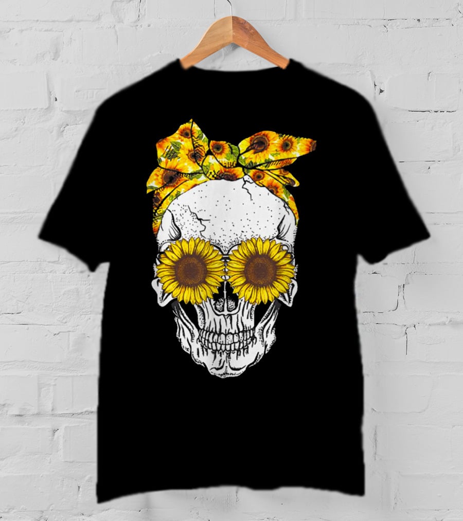 Skull With Sunflower Glasses And Floral Headband T-Shirt