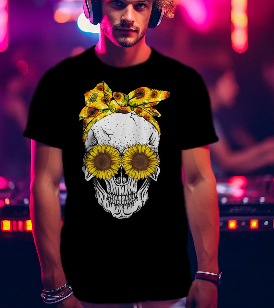 Skull With Sunflower Glasses And Floral Headband T-Shirt