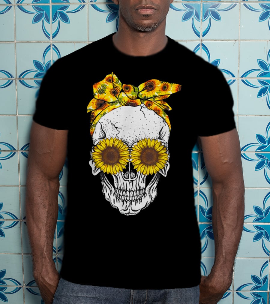 Skull With Sunflower Glasses And Floral Headband T-Shirt