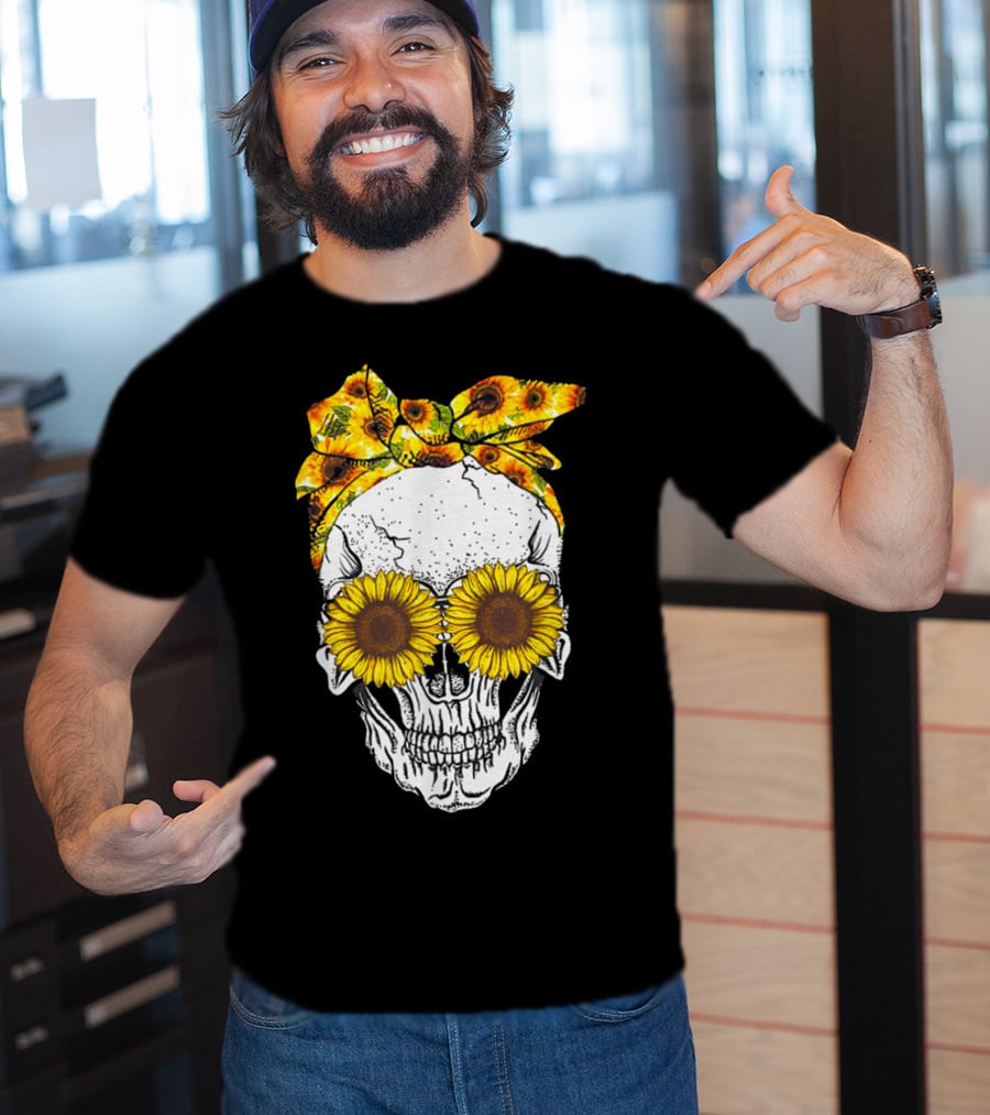Skull With Sunflower Glasses And Floral Headband T-Shirt
