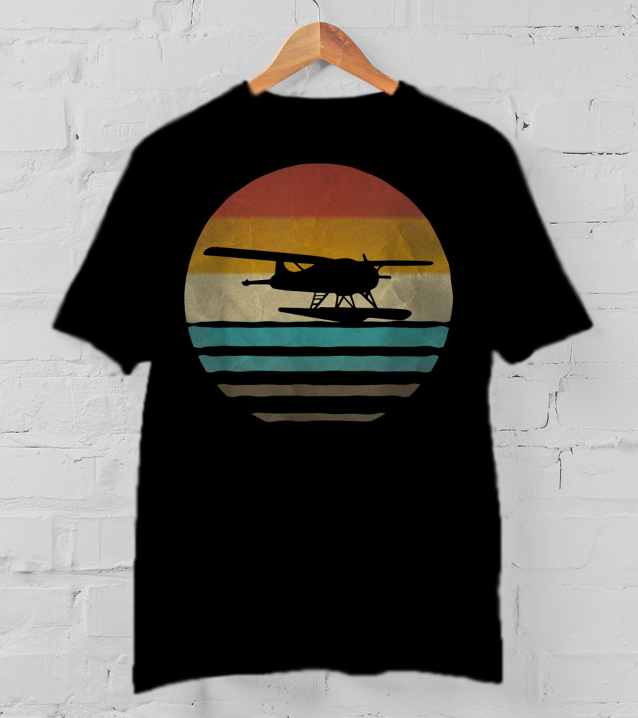 Retro Vintage Seaplane Silhouette In Sunset Stripe Circle T-Shirt