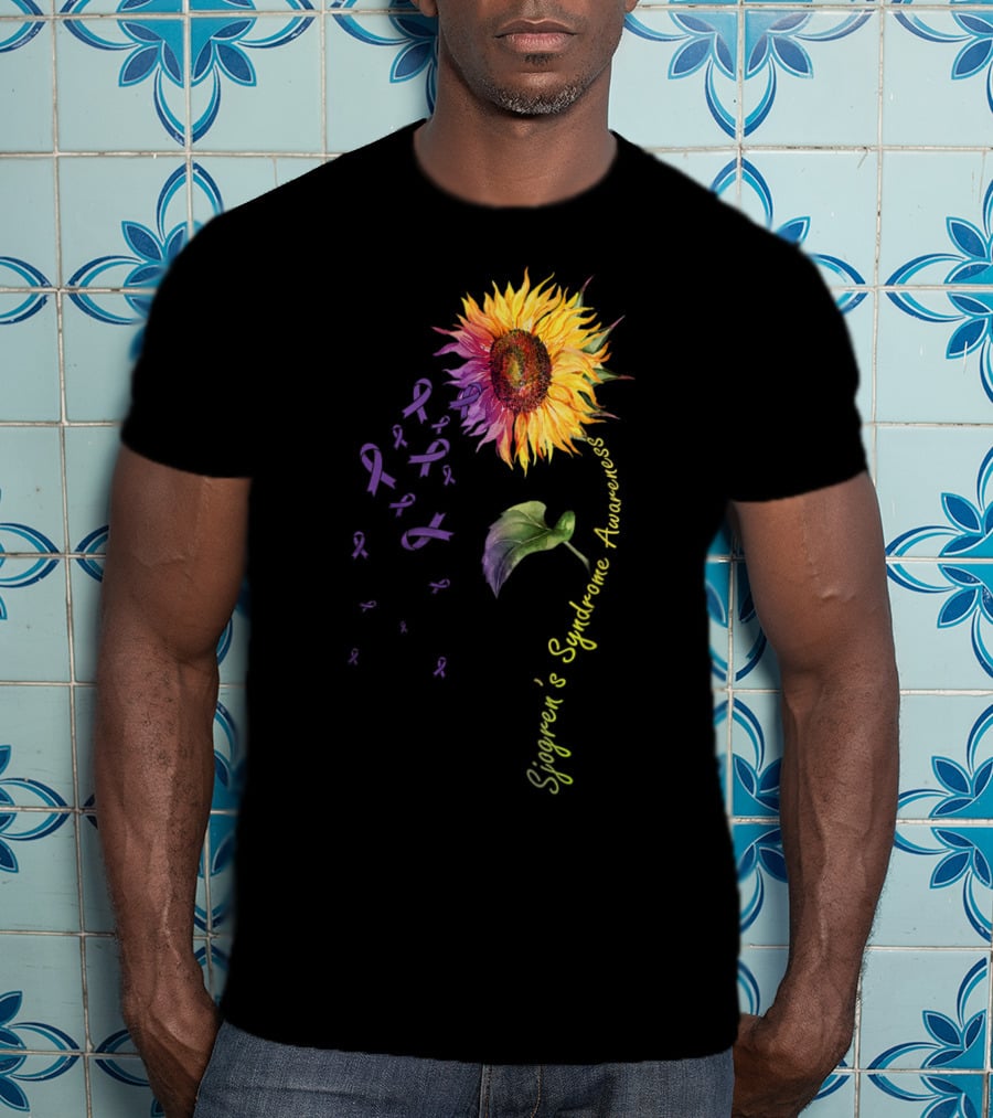 Sjogren's Syndrome Awareness Sunflower With Purple Ribbons T-Shirt