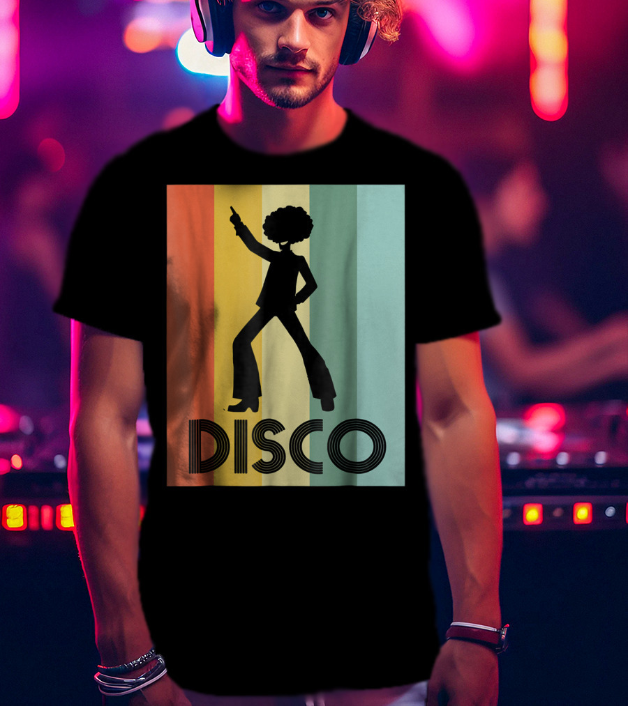 70s Disco Dancing Silhouette Retro Stripes T-Shirt