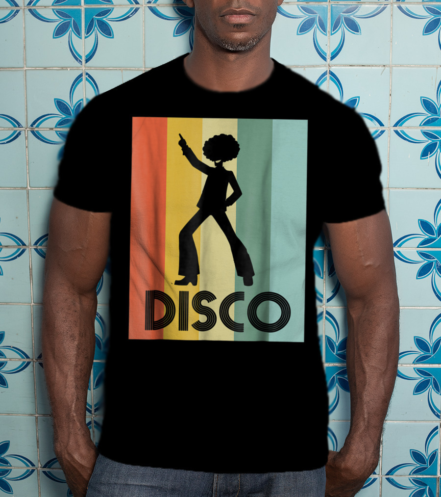 70s Disco Dancing Silhouette Retro Stripes T-Shirt