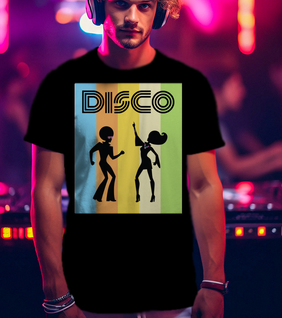 Disco Dancing 70s Disco Dancer With Silhouette And Retro Stripes T-Shirt