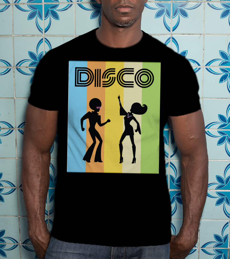 Disco Dancing 70s Disco Dancer With Silhouette And Retro Stripes T-Shirt