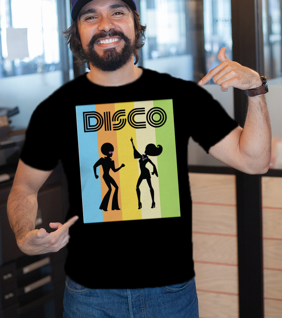 Disco Dancing 70s Disco Dancer With Silhouette And Retro Stripes T-Shirt