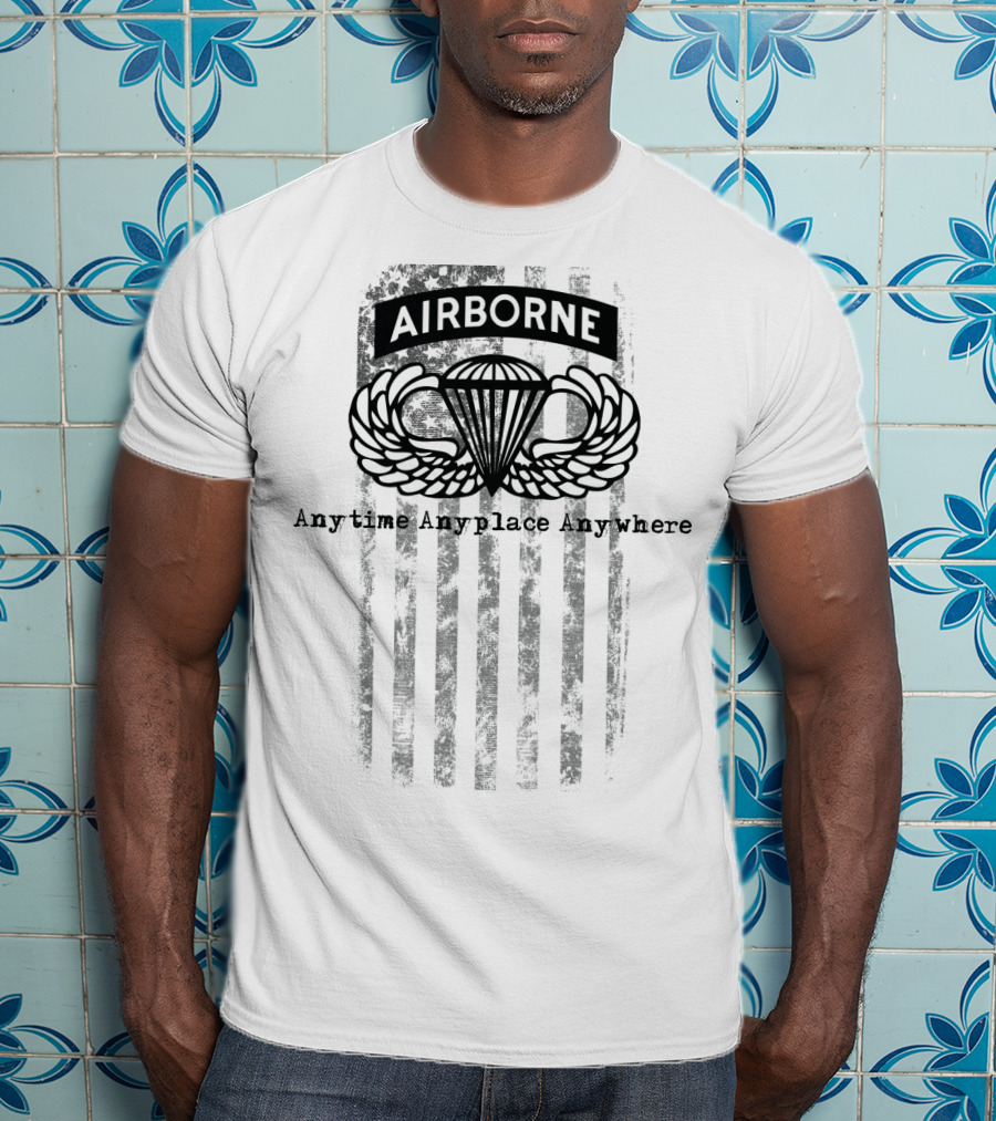 Airborne Paratrooper Black Jump Wings Anytime Anyplace Anywhere T-Shirt