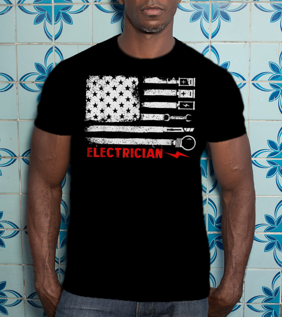 American Flag Electrician With Tools And Symbols T-Shirt