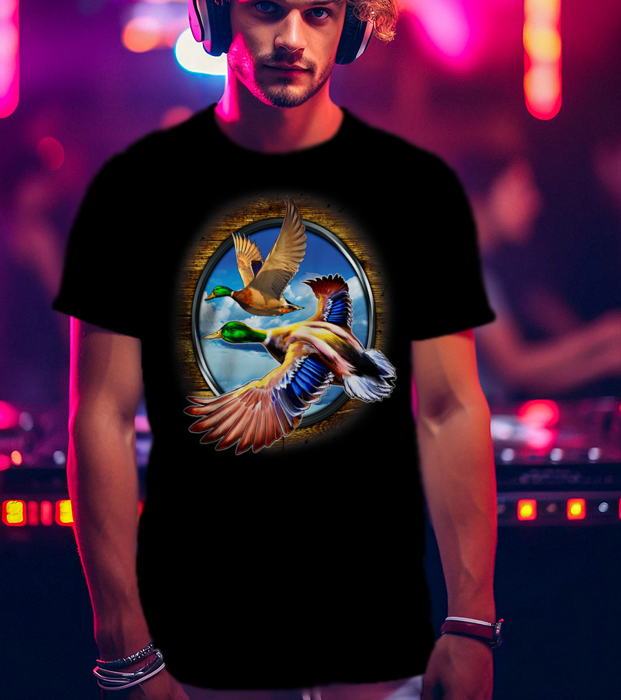 Flying Duck Hunting Scene With Colorful Ducks In Motion T-Shirt