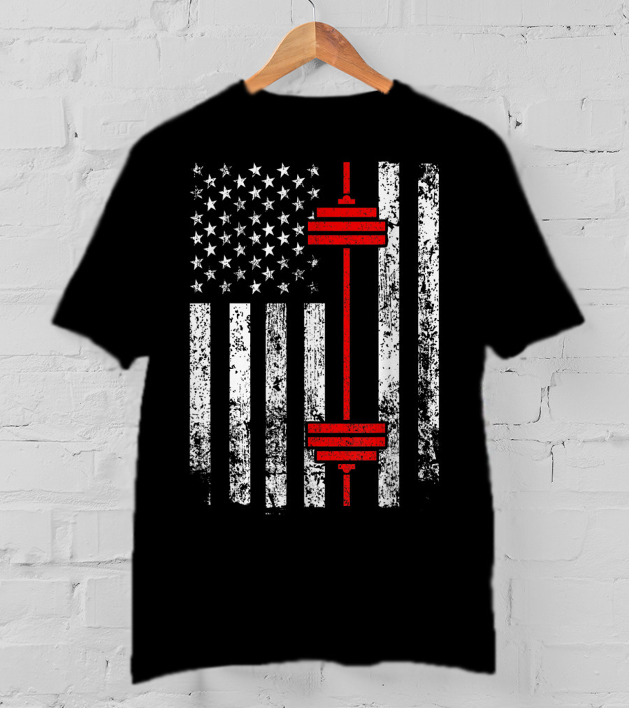 American Flag Barbell Weightlifting Fitness Strength T-Shirt