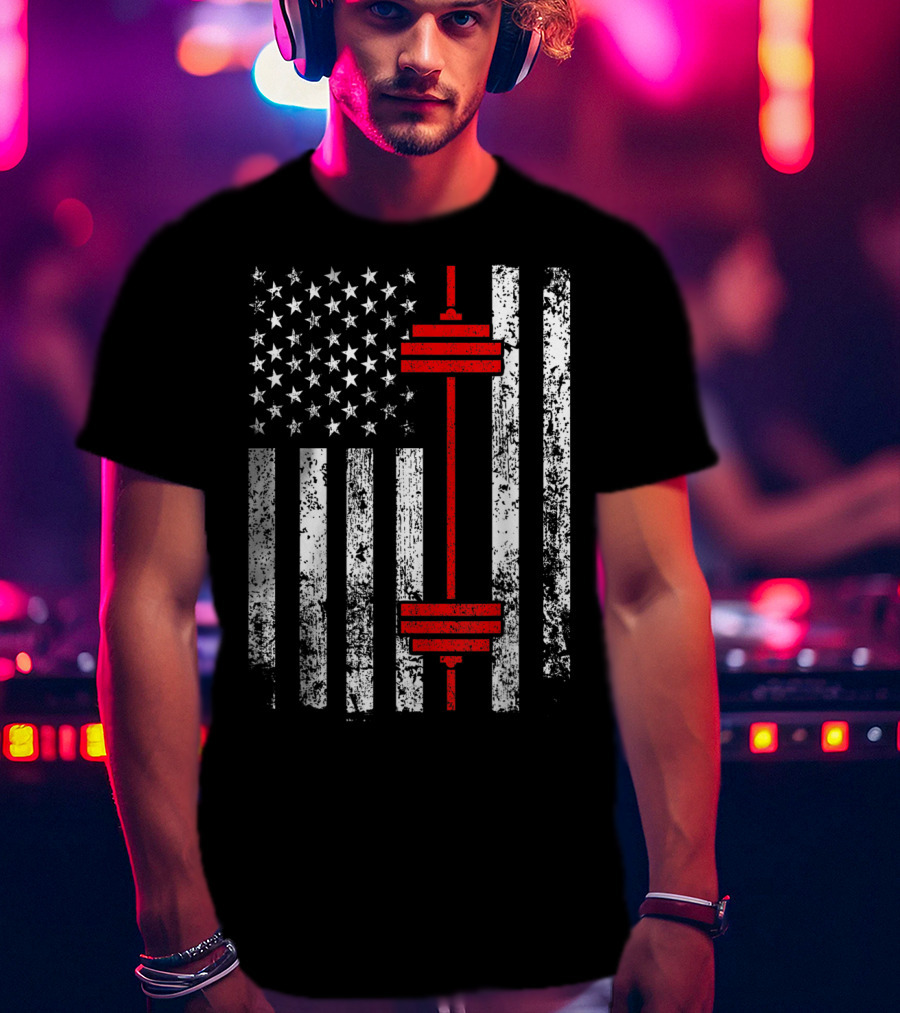 American Flag Barbell Weightlifting Fitness Strength T-Shirt