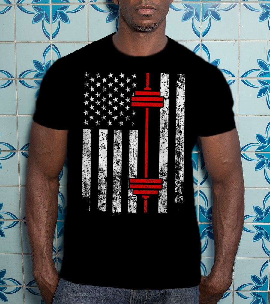 American Flag Barbell Weightlifting Fitness Strength T-Shirt