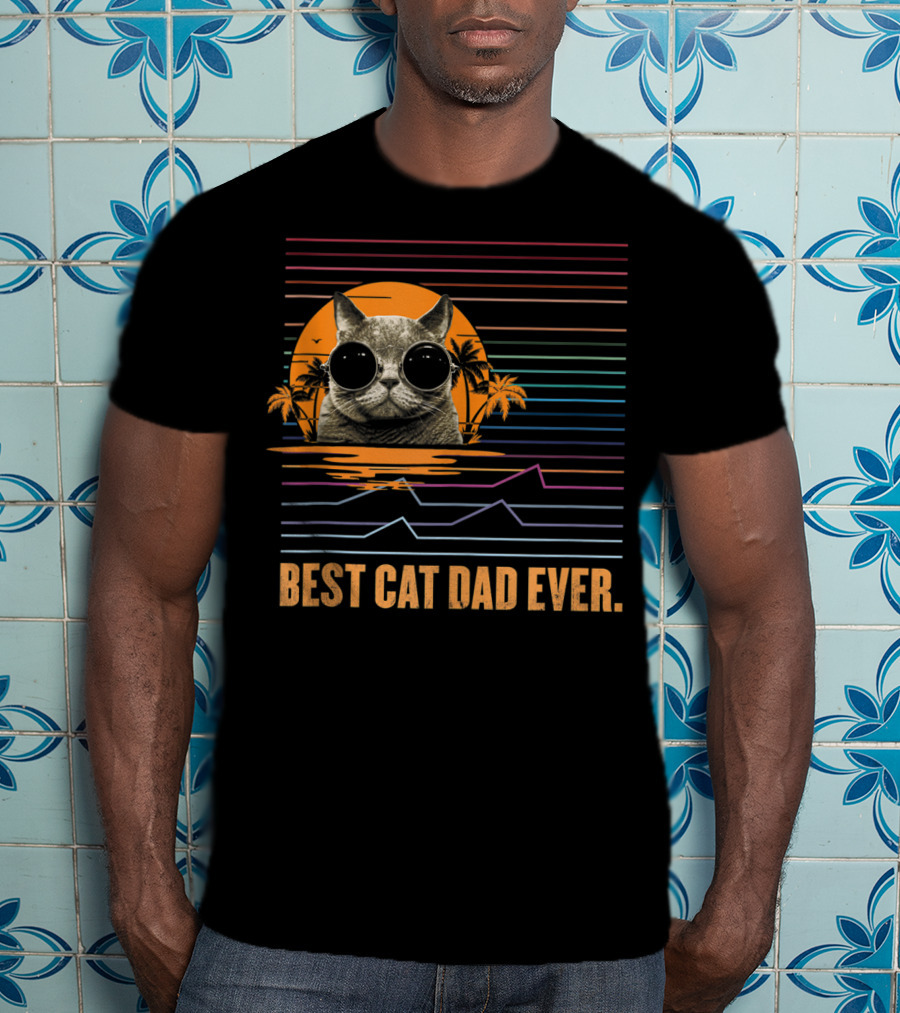 Best Cat Dad Ever Retro Sunset Cat With Sunglasses And Palm Trees T-Shirt