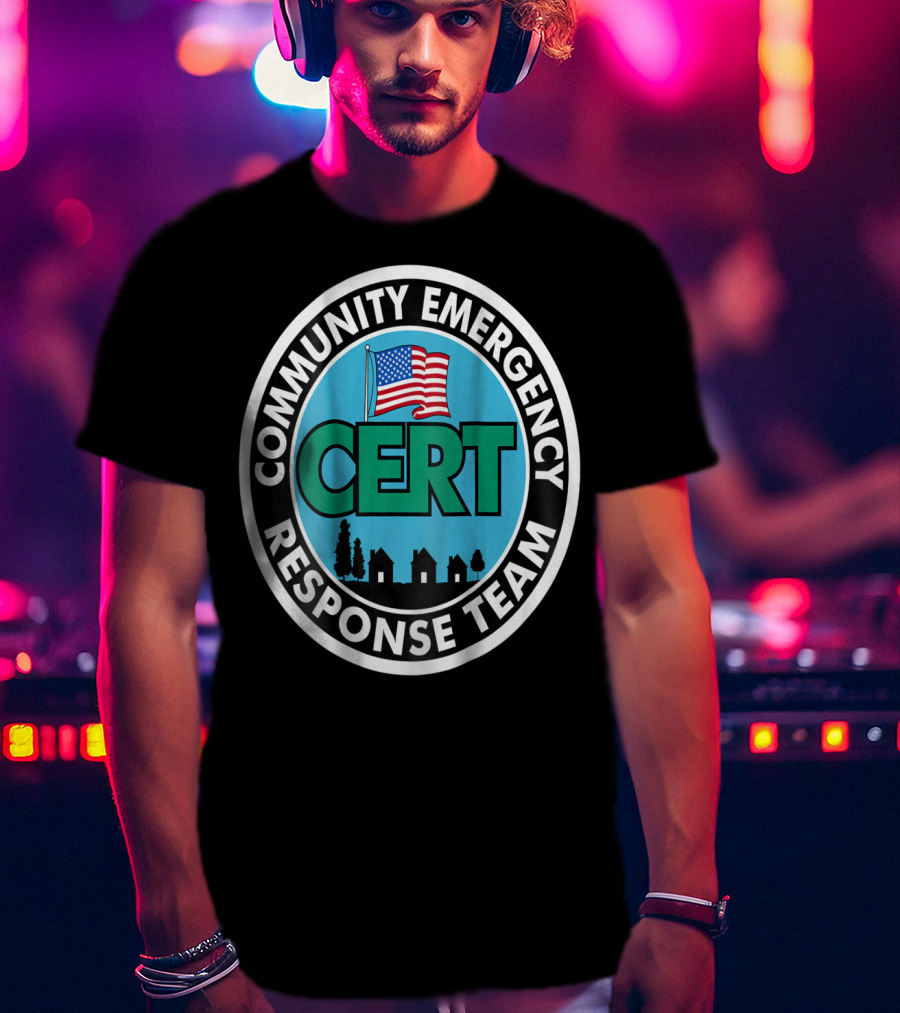 Community Emergency Response Team CERT American Flag Badge T-Shirt