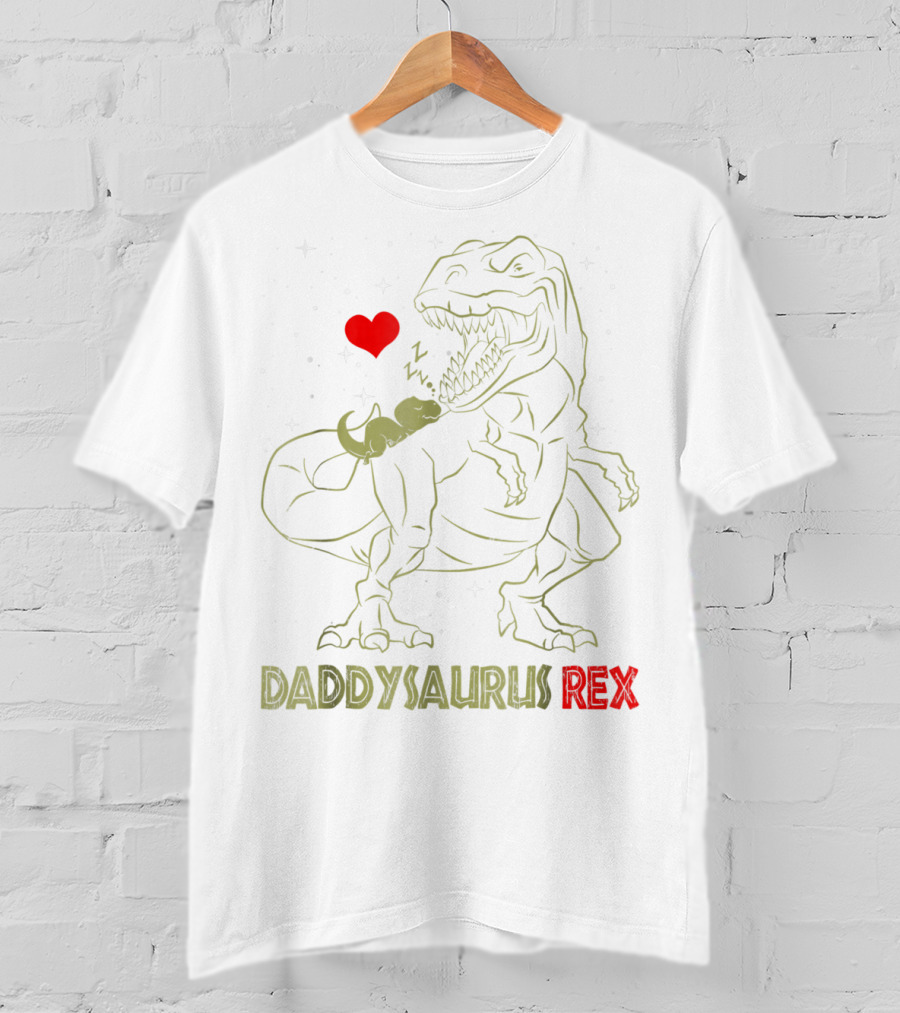 Daddysaurus Rex Dinosaur Daddy Sau With Heart And Sleeping Baby Dinosaur T-Shirt