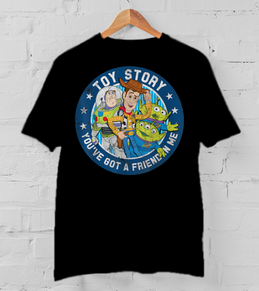 Toy Story You've Got A Friend In Me Buzz Woody Aliens Circle Blue Stars T-Shirt
