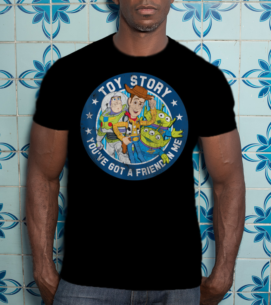 Toy Story You've Got A Friend In Me Buzz Woody Aliens Circle Blue Stars T-Shirt