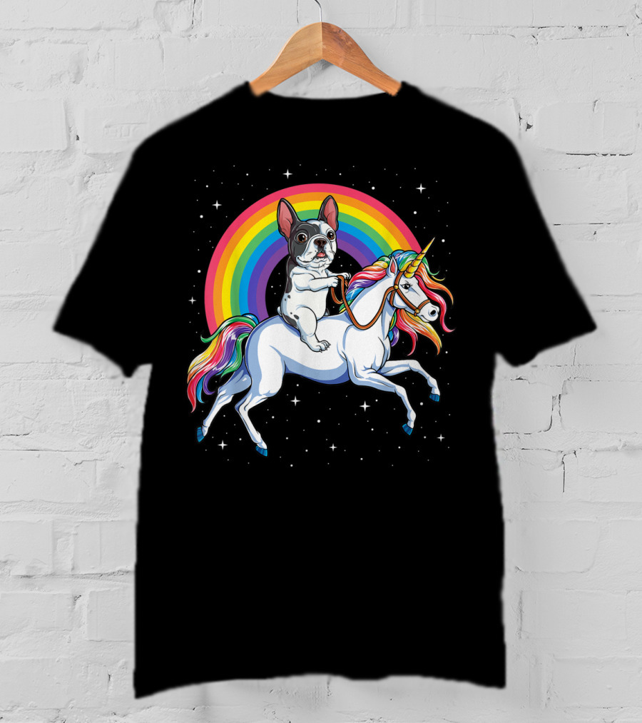 French Bulldog Riding Rainbow Unicorn In Space Galaxy T-Shirt