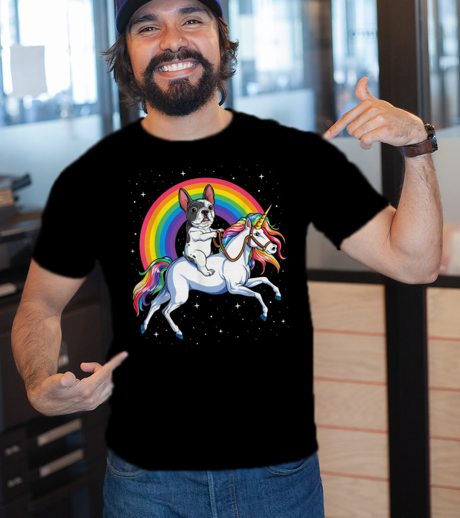 French Bulldog Riding Rainbow Unicorn In Space Galaxy T-Shirt