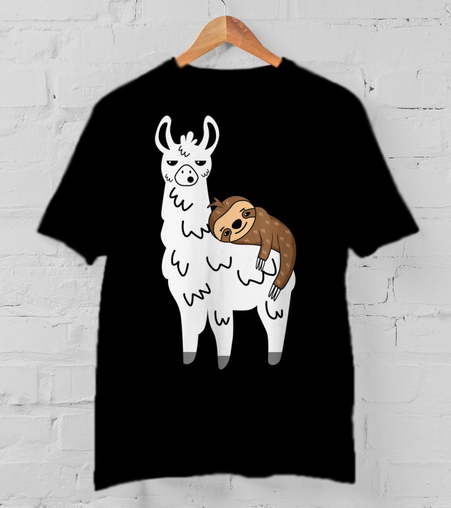 Funny Fluffy Sloth Hugging A Llama T-Shirt