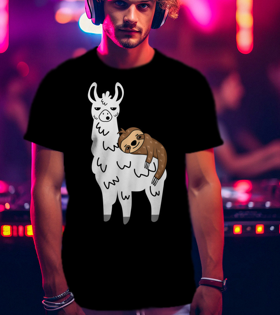 Funny Fluffy Sloth Hugging A Llama T-Shirt