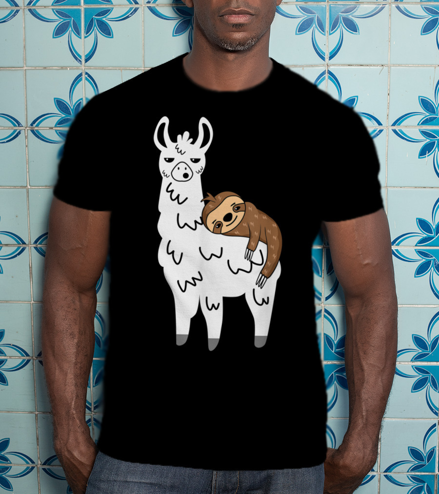 Funny Fluffy Sloth Hugging A Llama T-Shirt