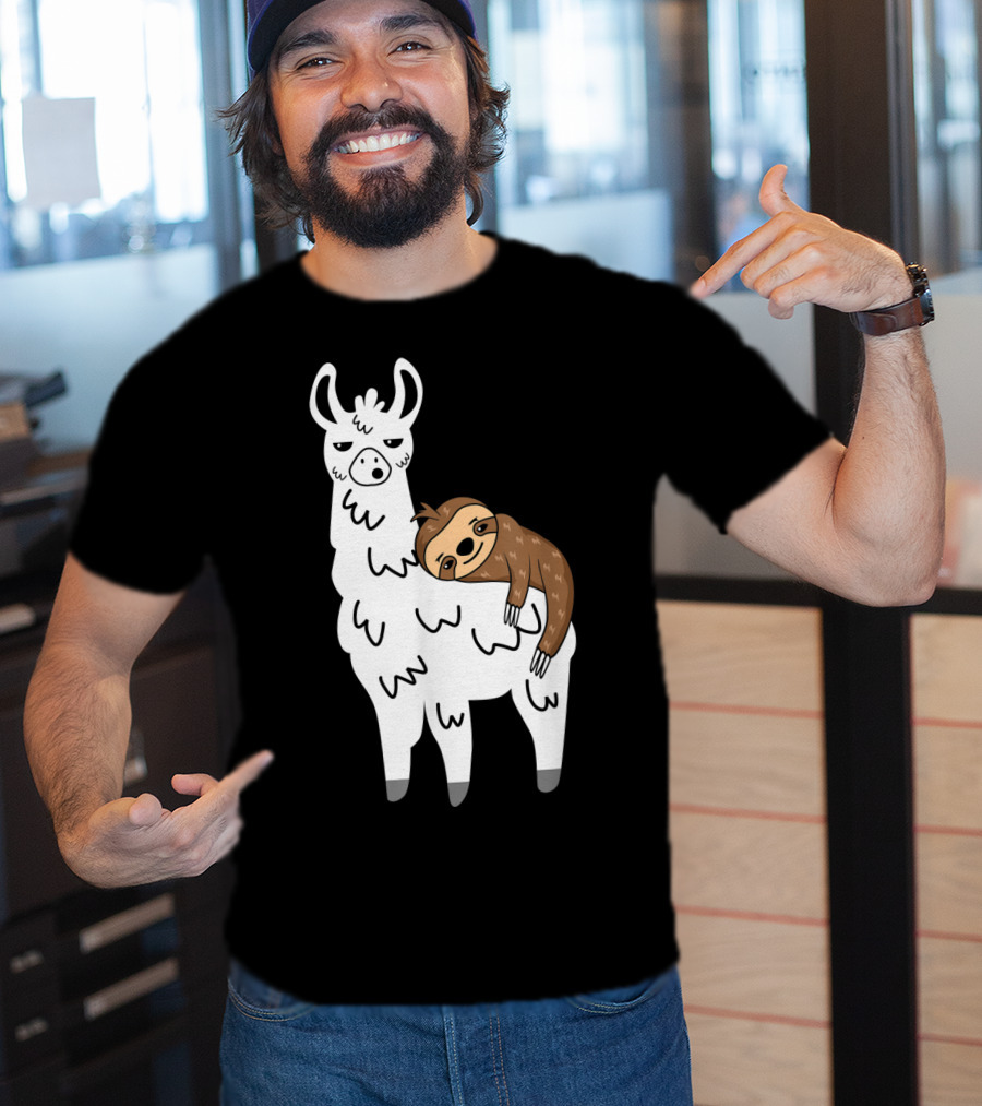 Funny Fluffy Sloth Hugging A Llama T-Shirt