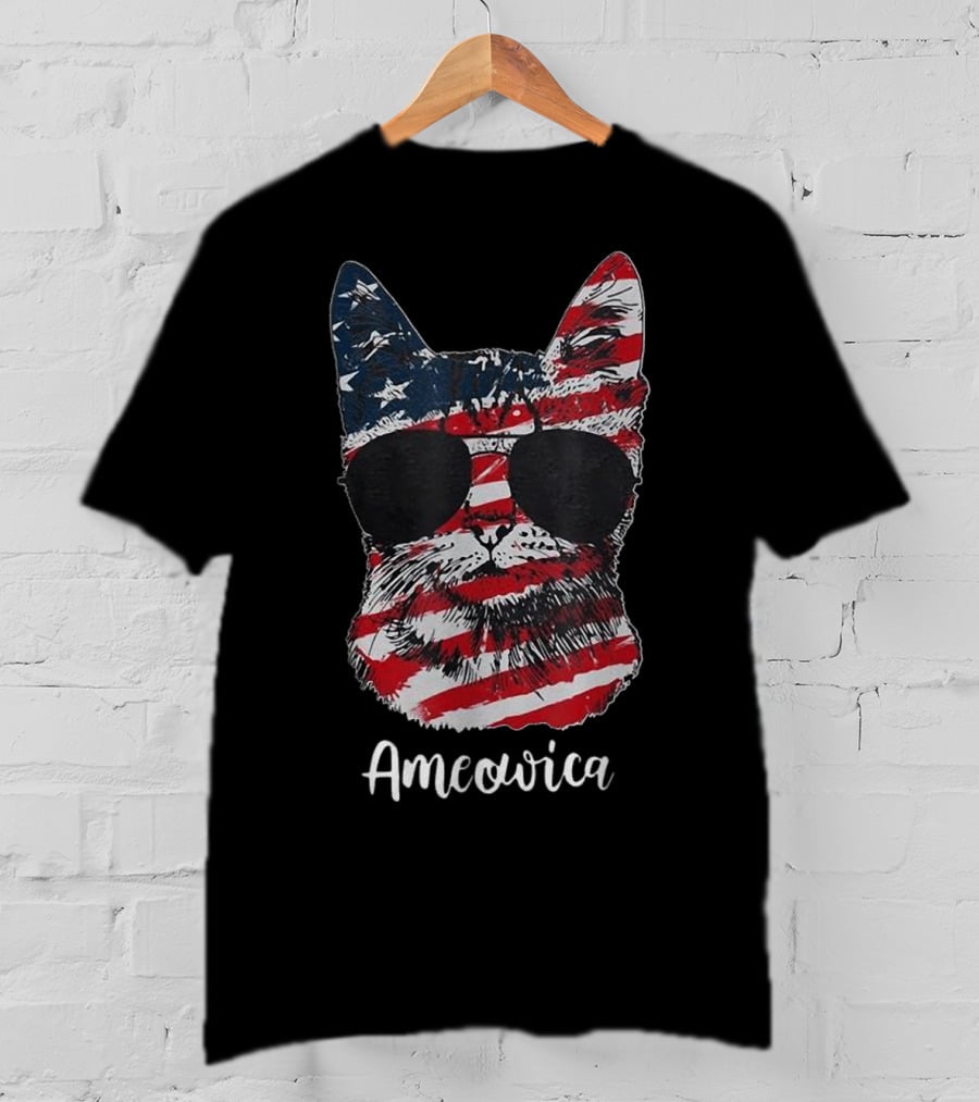 Ameowica American Flag Cat With Sunglasses T-Shirt
